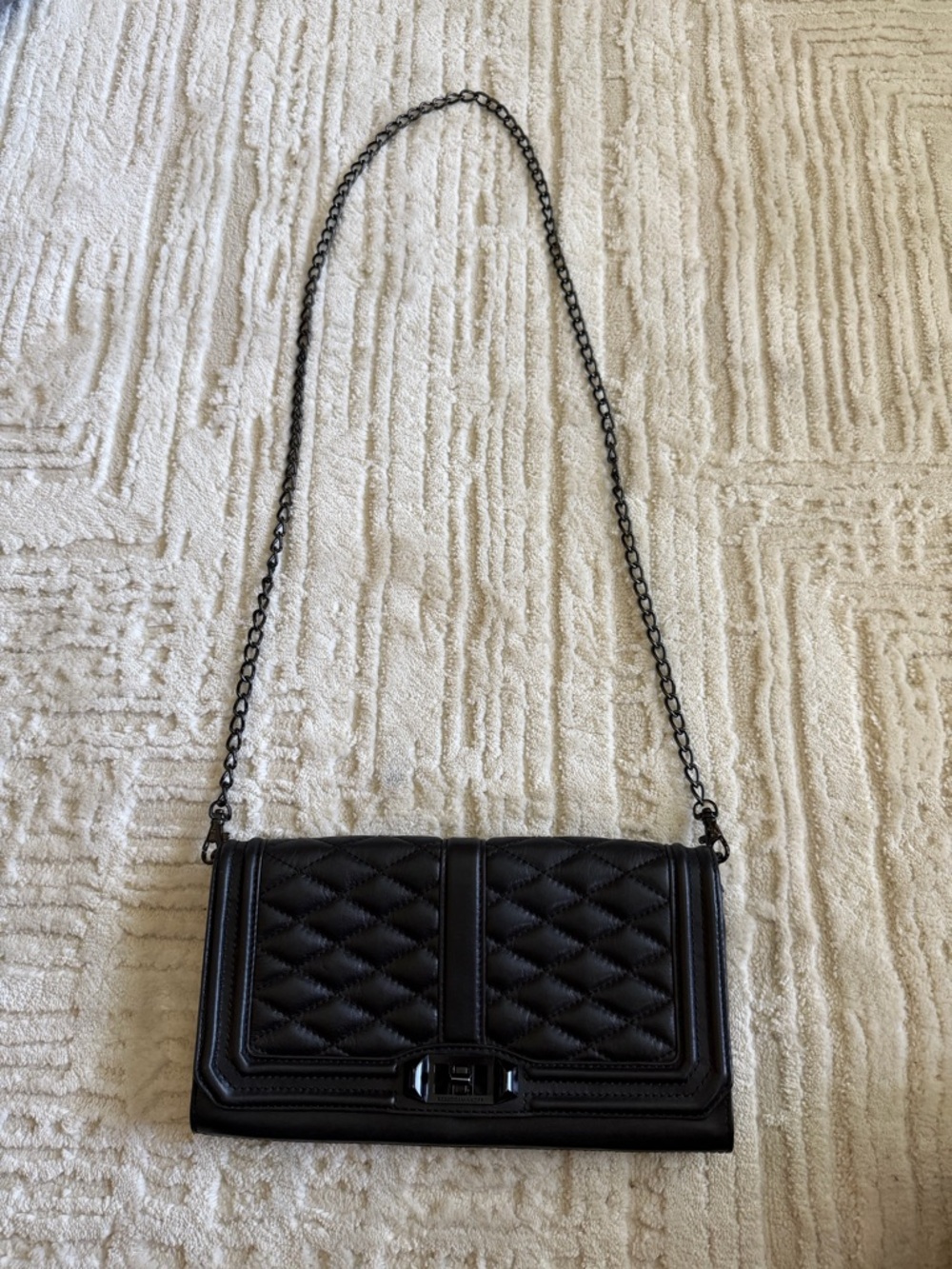 Rebecca Minkoff Black Quilted Leather Crossbody Bag Chain Strap Turn Lock